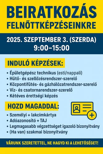 Felnőttképzés pótbeiratkozás szeptember 3.